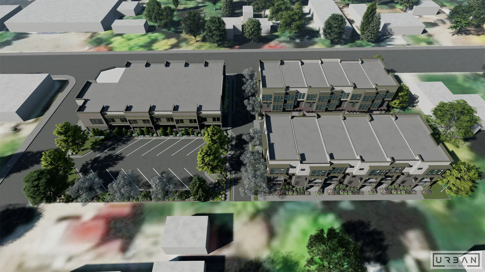 A three dimensional rendering of a mixed use development